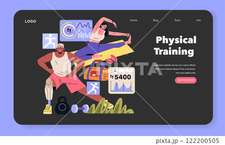 Biohacking concept. Fitness enthusiasts using technology for physical training and performance tracking. Prosthetic limb, smartwatch, metrics. Vector illustration. Biohacking concept. Fitness enthusiasts using technology for physical training and performance tracking. Prosthetic limb, smartwatch, metrics. Vector illustration. 122200505