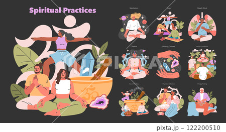 Spiritual Practices set. Diverse methods for inner peace and wellbeing. Meditation, yoga, breath work, chakras alignment, and more. Vector illustration. 122200510