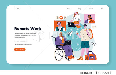 Remote Work concept. Diverse team collaborates virtually from different locations. Global connectivity, accessibility, and technology enable seamless teamwork. Vector illustration. Remote Work concept. Diverse team collaborates virtually from different locations. Global connectivity, accessibility, and technology enable seamless teamwork. Vector illustration. 122200511
