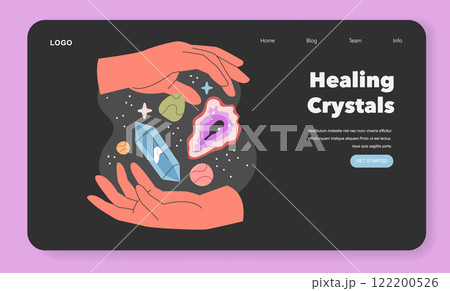 Spiritual Practices concept. Human hands cradling a cosmos of healing crystals, invoking mindfulness and energy healing. Vector illustration of holistic therapy. Spiritual Practices concept. Human hands cradling a cosmos of healing crystals, invoking mindfulness and energy healing. Vector illustration of holistic therapy. 122200526