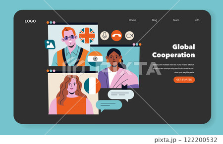 Remote Work concept. Digital conference with diverse international colleagues on a computer interface. Collaboration through online meeting platform. Vector illustration. 122200532