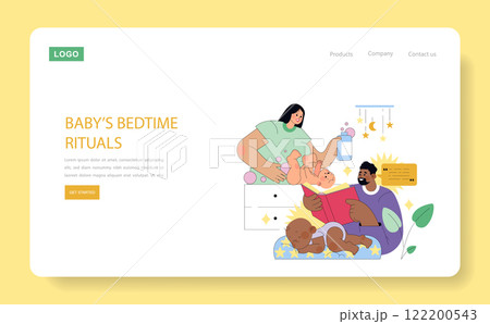 Family Bedtime Routine concept. Parents engaging in nightly rituals with their baby for a peaceful sleep. Bottle feeding, storytelling, and cuddling. Vector illustration. Family Bedtime Routine concept. Parents engaging in nightly rituals with their baby for a peaceful sleep. Bottle feeding, storytelling, and cuddling. Vector illustration. 122200543