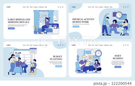 Lifestyle set. Focus on healthy habits and personal management for enhanced well-being. Emphasizes morning routines, workplace activity, budgeting, and reading habits. Vector illustration. Lifestyle set. Focus on healthy habits and personal management for enhanced well-being. Emphasizes morning routines, workplace activity, budgeting, and reading habits. Vector illustration. 122200544