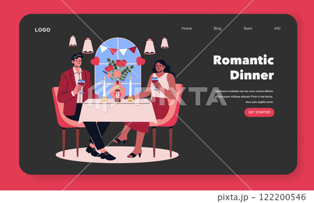 Valentine's Day romantic dinner scene. A couple enjoys a cozy evening, complete with wine and flowers. The setting features candles and festive decorations, creating an intimate atmosphere. Perfect Valentine's Day romantic dinner scene. A couple enjoys a cozy evening, complete with wine and flowers. The setting features candles and festive decorations, creating an intimate atmosphere. Perfect 122200546