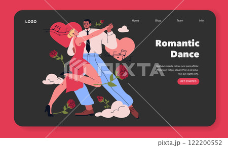 Valentine's Day celebration concept. A couple dances joyfully, expressing love and romance amidst hearts and roses. The illustration captures the spirit of connection and joy on this special day Valentine's Day celebration concept. A couple dances joyfully, expressing love and romance amidst hearts and roses. The illustration captures the spirit of connection and joy on this special day 122200552