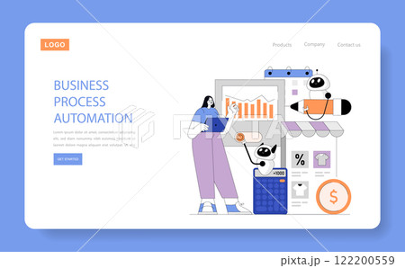Business Process Automation concept. Seamless integration of technology in corporate workflow. Efficient robotics manage tasks while woman oversees. Vector illustration. 122200559