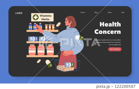 Women's health concept. An illustration of a woman choosing supplements from a pharmacy shelf, highlighting wellness. Vector illustration. Women's health concept. An illustration of a woman choosing supplements from a pharmacy shelf, highlighting wellness. Vector illustration. 122200587