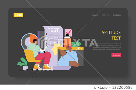 Career change concept. A person engaged in an online aptitude test to explore new job opportunities. Personal growth through skill assessment. Vector illustration. 122200589