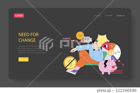 Career change concept. A person contemplating job switch as career satisfaction drops. Financial, household, and skill considerations. Vector illustration. 122200590