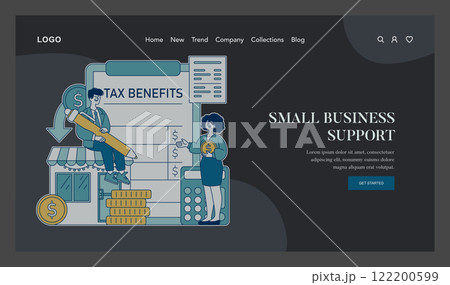 Tax relief illustration. Financial aid concept for entrepreneurs. Small business owner receiving tax benefits, monetary support, economic growth. Vector illustration. 122200599