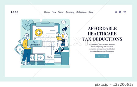 Tax relief concept. Simplifying the process of healthcare deductions with online tools. Citizens engage in affordable medical care and tax savings. Vector illustration. 122200618