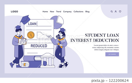 Student Loan Interest Deduction concept. Graduates learn about reduced loan rates and tax benefits. Financial education for post-college debt management. Vector illustration. Student Loan Interest Deduction concept. Graduates learn about reduced loan rates and tax benefits. Financial education for post-college debt management. Vector illustration. 122200624