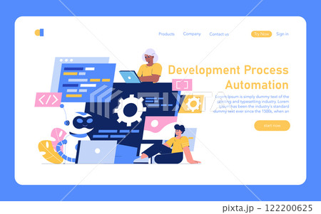 Development Process Automation concept. Illustration of professionals using automated tools to streamline coding tasks. Vector illustration. 122200625