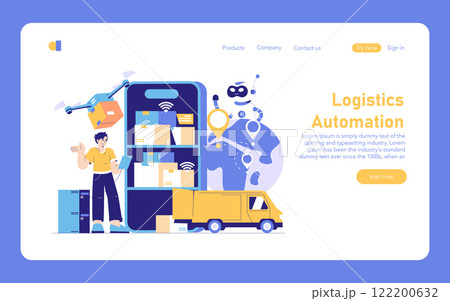 Logistics Automation concept. An efficient digital system transforming product delivery with drones, AI and GPS tracking. Vector illustration. Logistics Automation concept. An efficient digital system transforming product delivery with drones, AI and GPS tracking. Vector illustration. 122200632