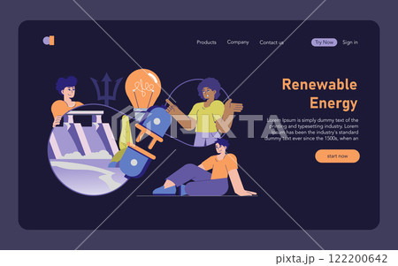 Hydropower concept. Renewable energy webpage illustration with people interacting around a hydroelectric power station and a lightbulb. Vector illustration. 122200642