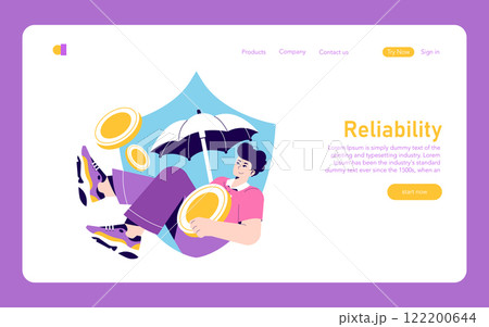 Financial protection concept. Character under an umbrella with coins, conveying investment security. Digital banking stability and savings insurance. Vector illustration. 122200644