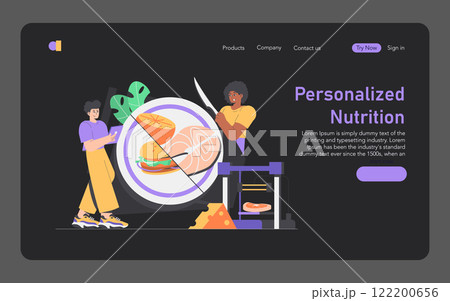 Personalized Nutrition concept. Interactive website for custom diet plans featuring 3D printed food options. Future of technology in health and wellness. Vector illustration. Personalized Nutrition concept. Interactive website for custom diet plans featuring 3D printed food options. Future of technology in health and wellness. Vector illustration. 122200656