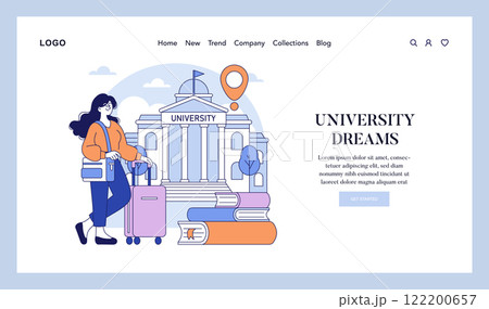 University Dreams concept. A young student arrives at campus with luggage, ready to start her higher education journey. Aspiration meets academic aspiration in this scene. Vector illustration. University Dreams concept. A young student arrives at campus with luggage, ready to start her higher education journey. Aspiration meets academic aspiration in this scene. Vector illustration. 122200657
