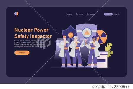 Nuclear Power Safety Inspector concept. Professionals monitoring and ensuring the safe operation of a nuclear facility. Nuclear risk management and safety protocols. Vector illustration. 122200658