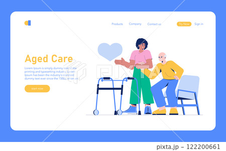 Care Day concept. An illustration showing a caregiver providing support and comfort to an elderly person. Compassionate assistance in senior living. Vector illustration. 122200661