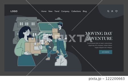 Family moving day illustration. A content family packing belongings near their car and home, ready to embark on a relocation journey. Vector illustration. 122200663