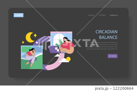 Circadian Balance concept. Illustration portrays daily routine with night sleep and daytime activities for healthy life rhythm. Transition from rest to productivity. Vector illustration. 122200664