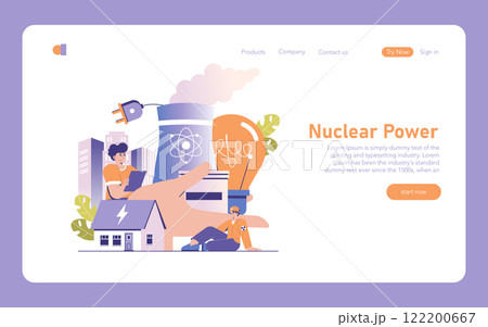 Nuclear Power concept. Illustration of energy production with a cooling tower, light bulb, and residential house. Clean electricity generation theme. Vector illustration. 122200667