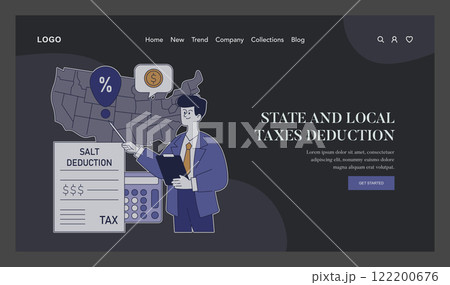 Tax Deductions concept. A professional explains state and local tax deductions over a US map background. Calculator and paperwork for financial planning. Vector illustration. 122200676