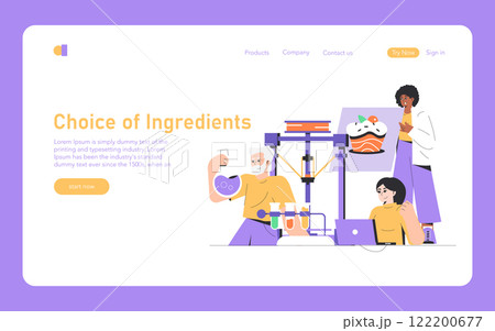 Food Printing concept. Future technology in preparing meals, with characters engaging with a food printer. Modern culinary techniques and innovations. Vector illustration. Food Printing concept. Future technology in preparing meals, with characters engaging with a food printer. Modern culinary techniques and innovations. Vector illustration. 122200677