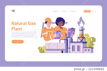 Natural Gas Plant concept. Workers at a gas facility overseeing operations. Clean energy production, industrial scene with a fiery flare. Vector illustration. Natural Gas Plant concept. Workers at a gas facility overseeing operations. Clean energy production, industrial scene with a fiery flare. Vector illustration. 122200682