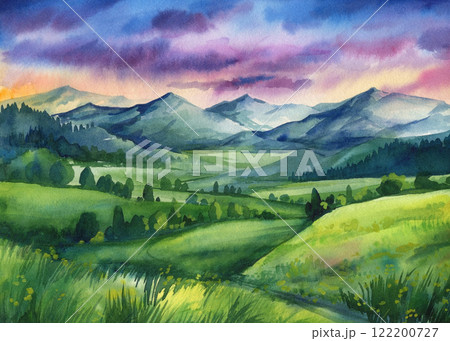 serene mountain valley landscape with lush green fields, distant peaks under colorful sunset sky, watercolor painting serene mountain valley landscape with lush green fields, distant peaks under colorful sunset sky, watercolor painting 122200727