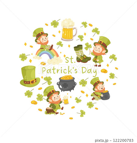 Clip art, images in a circle,st. patricks day. Beer, hat, shoes and striped gaiters, cartoon leprechaun. 122200783