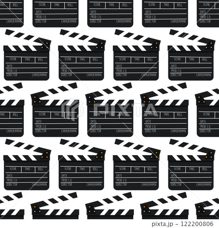 Seamless pattern with black movie clapper board. Fun cinema print. Seamless pattern with black movie clapper board. Fun cinema print. 122200806