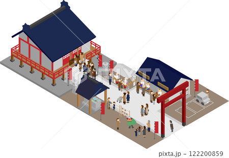 アイソメトリックな初詣で賑わう神社のイラスト アイソメトリックな初詣で賑わう神社のイラスト 122200859
