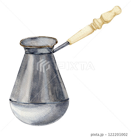 watercolor illustration of a metal Turk with a wooden handle for making coffee on white background 122201002
