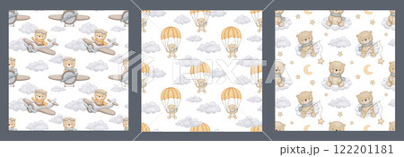 Seamless pattern with cute bear in neutral colors Bear pilot on airplane, hand drawn watercolor illustration on white repeat background for baby fabric 122201181