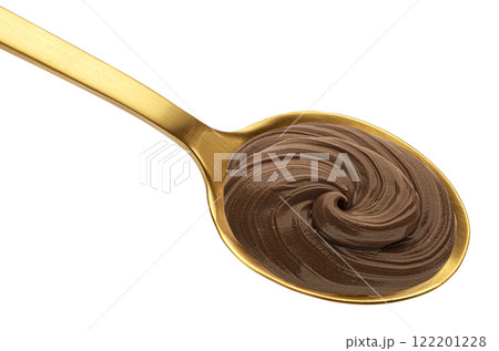 Chocolate cream in golden spoon isolated on white background with clipping path, top view Chocolate cream in golden spoon isolated on white background with clipping path, top view 122201228