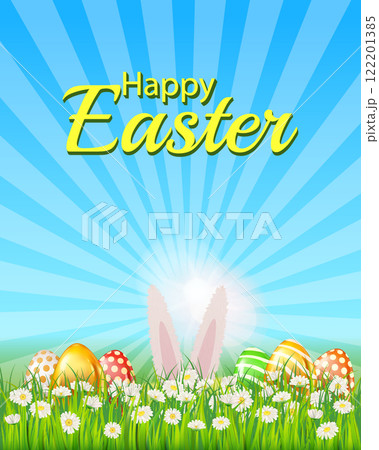 Happy Easter poster, white cute bunny ears, color eggs, eggs hunt 122201385