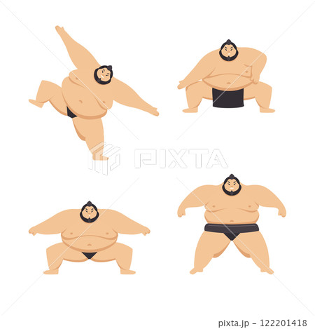 Cartoon Color Characters Funny Sumo Wrestler Set Traditional Sport Concept Flat Design Style. Vector illustration of Japanese Fighter 122201418