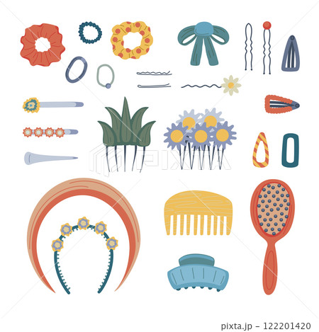 Cartoon Color Different Hair Accessories Object Set Concept Flat Design Style. Vector illustration of Barrette and Hairpins 122201420