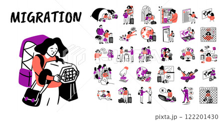 Cartoon Color Migration Concept Set Moving Concept Set Flat Design Style. Vector illustration of Scenes with Women, Men Resettlement Cartoon Color Migration Concept Set Moving Concept Set Flat Design Style. Vector illustration of Scenes with Women, Men Resettlement 122201430