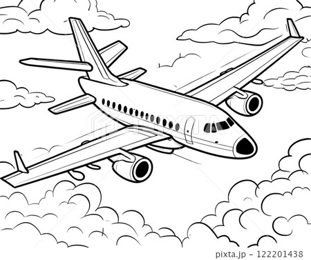 a black-and-white outline drawing of a passenger airplane in mid-flight, with two engines visible under the wings 122201438