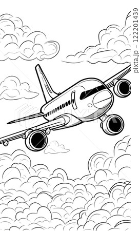 a black-and-white outline drawing of a passenger airplane in mid-flight, with two engines visible under the wings 122201439