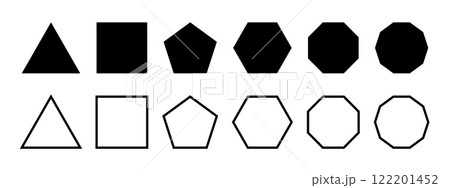 Set of basic geometric figures. Triangle, square, pentagon and hexagon,octagon and decagon shapes isolated on white background. Vector graphic illustration Set of basic geometric figures. Triangle, square, pentagon and hexagon,octagon and decagon shapes isolated on white background. Vector graphic illustration 122201452