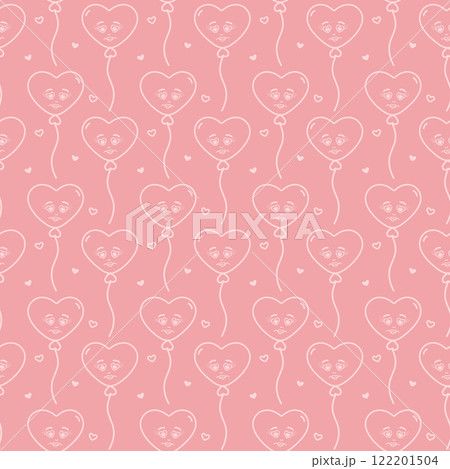 Outline Hand drawn Heart shape balloons and hearts Seamless Pattern. White on soft pink background 122201504