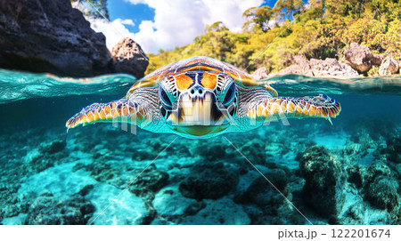 サンゴ礁と海亀の子ども サンゴ礁と海亀の子ども 122201674