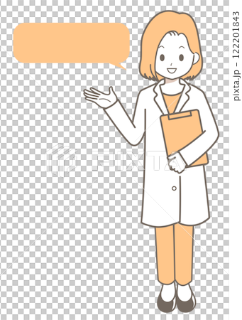 ふきだしと説明する笑顔の白衣の女性のイラスト 122201843