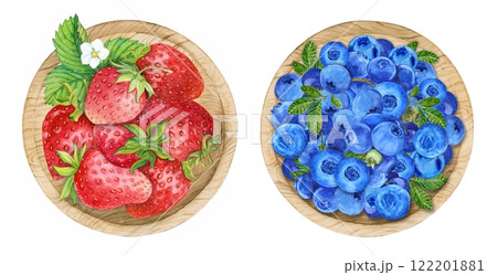 Blueberries and strawberries in a bowl, watercolor. Ripe berries in a wooden plate on a white background, top view. Farm harvest, rustic style, botanical illustration. Provence style. Blueberries and strawberries in a bowl, watercolor. Ripe berries in a wooden plate on a white background, top view. Farm harvest, rustic style, botanical illustration. Provence style. 122201881
