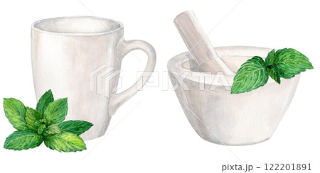 White ceramic mortar, mug and sprig of mint. Watercolor illustration. The concept of a home laboratory for the production of tea, herbal medicines. White ceramic mortar, mug and sprig of mint. Watercolor illustration. The concept of a home laboratory for the production of tea, herbal medicines. 122201891