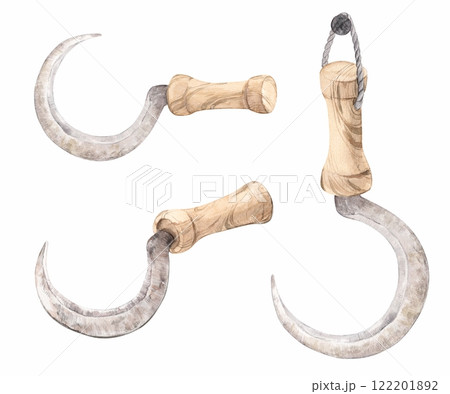 Garden sickles on a white background. A tool for harvesting, medicinal herbs, mowing grass. Antique steel sickle with wooden handle, antique. Watercolor illustration. 122201892